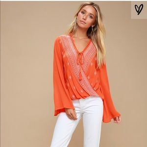 LULUS WHITE AND ORANGE EMBROIDERED BELL SLEEVE TOP